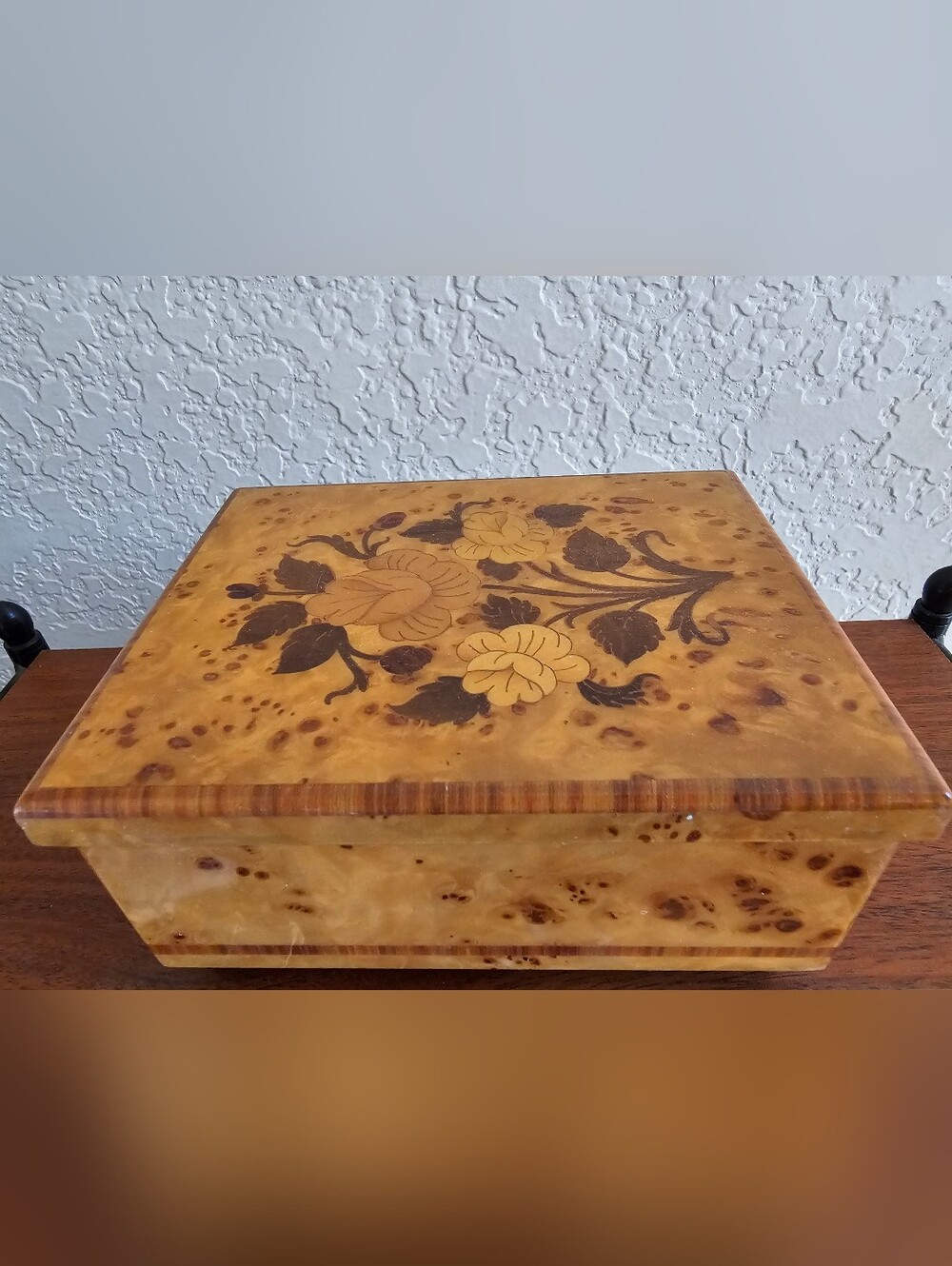 Vintage Reuge Burl Wood Music Box with Floral Inlay - Honey Brown